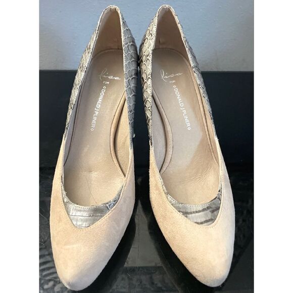 Donald J. Pliner Lisa Janis Suede Heels 3” Snakeskin Trimmed Taupe Women’s 8 M - Picture 1 of 11